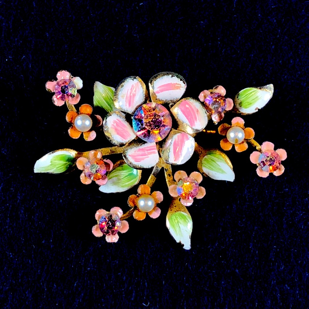 Coro Art Deco enamel flower brooch